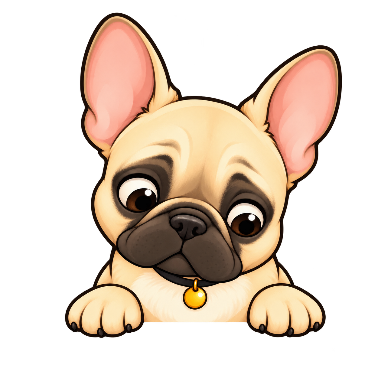 Sparky, the cream French bulldog mascot with a gold collar tag